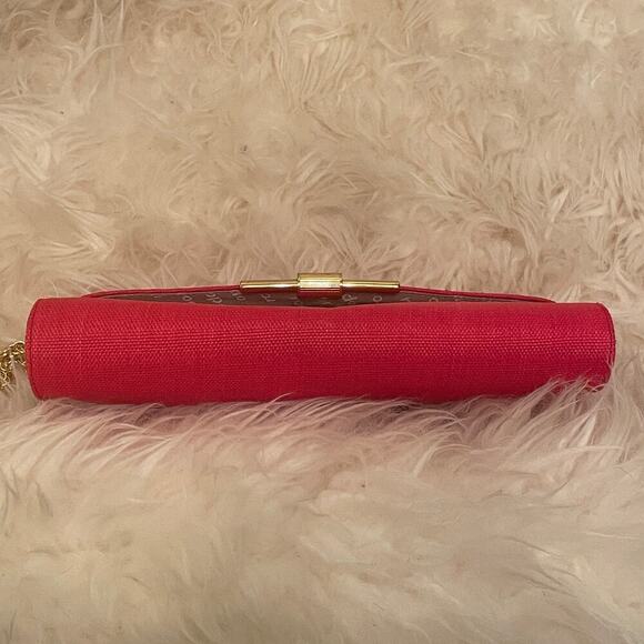 Vintage RODO Italy Red Clutch | Silk-Linen Purse, Brass Clasp + Chain Strap - Picture 8 of 13